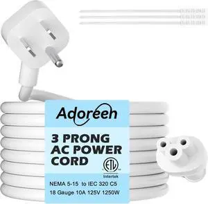 45 Degree Angled Flat Plug Mickey Mouse Replacement Laptop Power Cord 6 Ft, Seamless 5-15P to IEC 320 C5 3-Prong Universal AC Cable for PC Notebook Printer Dell HP TV, 18AWG, ETL+Ties-White 45 Degree Angled Flat Plug Mickey Mouse Replacement Laptop Power Cord 6 Ft, Seamless 5-15P to IEC 320 C5 3-Prong Universal AC Cable for PC Notebook Printer Dell HP TV, 18AWG, ETL+Ties-White