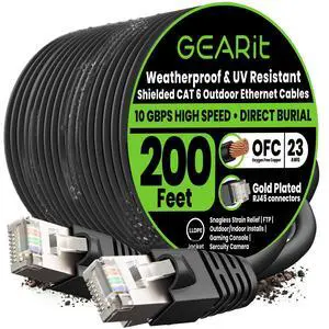 GEARit Cat6 Outdoor Ethernet Cable (200ft) 23AWG Pure Copper, FTP, LLDPE, Waterproof, Direct Burial, In-Ground, UV Resistant, POE, Network, LAN, Internet, Cat 6, Cat6 Cable - 200 Feet GEARit Cat6 Outdoor Ethernet Cable (200ft) 23AWG Pure Copper, FTP, LLDPE, Waterproof, Direct Burial, In-Ground, UV Resistant, POE, Network, LAN, Internet, Cat 6, Cat6 Cable - 200 Feet