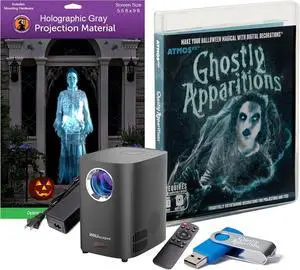 HoliScapes® USB Projector Kit - AtmosFx Ghostly Apparitions USB + Projector + 5.5' x 9' Large Gray Holographic Screen for Halloween Projection HoliScapes® USB Projector Kit - AtmosFx Ghostly Apparitions USB + Projector + 5.5' x 9' Large Gray Holographic Screen for Halloween Projection