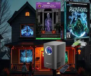 HoliScapes® USB Projector Kit - AtmosFx Phantasms USB + Projector + 5.5' x 9' Large Gray Holographic Screen for Halloween Projection HoliScapes® USB Projector Kit - AtmosFx Phantasms USB + Projector + 5.5' x 9' Large Gray Holographic Screen for Halloween Projection
