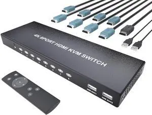 8 Port HDMI KVM Switch 4K@60Hz, 8 Computers 1 Monitor HDMI Switcher with 3 USB 2.0 Ports, Supports Keyboard Mouse Printer Sharing, Remote Control and 8 Dedicated KVM Cables Included 8 Port HDMI KVM Switch 4K@60Hz, 8 Computers 1 Monitor HDMI Switcher with 3 USB 2.0 Ports, Supports Keyboard Mouse Printer Sharing, Remote Control and 8 Dedicated KVM Cables Included
