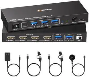 4 Monitors KVM Switch 2 Computers 1080P@60Hz,USB 3.0 KVM Switch Quad Monitor for 2 PC Share 4 Monitor and Keyboard Mouse Printer,with Wired Remote and 2 USB Cables,Driver Installation is Required 4 Monitors KVM Switch 2 Computers 1080P@60Hz,USB 3.0 KVM Switch Quad Monitor for 2 PC Share 4 Monitor and Keyboard Mouse Printer,with Wired Remote and 2 USB Cables,Driver Installation is Required