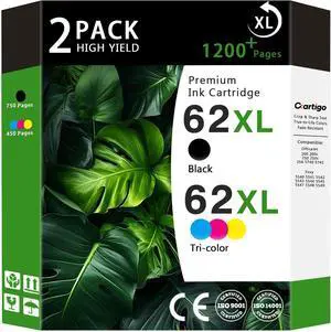 62XL High Yield Compatible Ink Cartridges Replacement for HP 62, Fit HP Envy 5540 5640 5660 7644 OfficeJet 5740 5741 8040 200 250 Series Printers, Combo 2-Pack (1 Black / 1 Tri-Color) 62XL High Yield Compatible Ink Cartridges Replacement for HP 62, Fit HP Envy 5540 5640 5660 7644 OfficeJet 5740 5741 8040 200 250 Series Printers, Combo 2-Pack (1 Black / 1 Tri-Color)