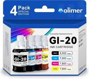 MOLIMER GI-20 GI20 Ink Refill Bottles Kit Replacement for Canon GI-20 Ink Cartridge with G6020 G5020 G7020 Printer, GI20 Ink Bottles 4 Pack (170mL Black Ink Refill, 70mL Cyan Magenta Yellow) MOLIMER GI-20 GI20 Ink Refill Bottles Kit Replacement for Canon GI-20 Ink Cartridge with G6020 G5020 G7020 Printer, GI20 Ink Bottles 4 Pack (170mL Black Ink Refill, 70mL Cyan Magenta Yellow)