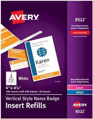 Avery Name Badge and Ticket Inserts, 6" x 4.25", 100 Inserts (8522) Avery Name Badge and Ticket Inserts, 6" x 4.25", 100 Inserts (8522)