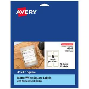 Avery Labels with Gold Borders, 3" x 3" Square, 60ct (6542) Avery Labels with Gold Borders, 3" x 3" Square, 60ct (6542)