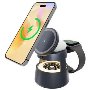 Magnetic Wireless Charging Station for Apple Devices, 15W Qi2 3-in-1 Fast Charger for iPhone 17 16 15 14 Pro Max, Apple Watch and AirPods, Desktop Stand with Sleep-Friendly Light Magnetic Wireless Charging Station for Apple Devices, 15W Qi2 3-in-1 Fast Charger for iPhone 17 16 15 14 Pro Max, Apple Watch and AirPods, Desktop Stand with Sleep-Friendly Light