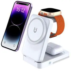 3-in-1 Travel Magnetic Charging Station for iPhone 17/17 Pro/17 Pro Max/Air/16 15 14 13 12 Pro Max Plus mini/Apple Watch/Airpods, Foldable Portable Wireless Charger Stand with Night Light-White 3-in-1 Travel Magnetic Charging Station for iPhone 17/17 Pro/17 Pro Max/Air/16 15 14 13 12 Pro Max Plus mini/Apple Watch/Airpods, Foldable Portable Wireless Charger Stand with Night Light-White