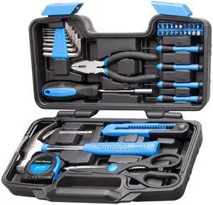 39-Piece Household Tool Set, Blue Hand Kit With Storage Case | Complete assortment for home repairs, DIY projects, furniture setup, crafting, and daily household fixes in toolbox. 39-Piece Household Tool Set, Blue Hand Kit With Storage Case | Complete assortment for home repairs, DIY projects, furniture setup, crafting, and daily household fixes in toolbox.