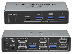 8K -Compatible KVM 2X 2 Switch Dual-Screen 2-In-2-Out Switcher For Laptop/PC Share Monitor Keyboard Mouse EU Plug 8K -Compatible KVM 2X 2 Switch Dual-Screen 2-In-2-Out Switcher For Laptop/PC Share Monitor Keyboard Mouse EU Plug