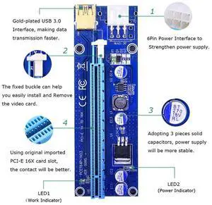 10 Pcs VER009S PCI Express PCIE PCI-E Riser Card VER009S 6Pin To SATA 1X 16X USB3.0 Adapter LED With SATA Power Cable 10 Pcs VER009S PCI Express PCIE PCI-E Riser Card VER009S 6Pin To SATA 1X 16X USB3.0 Adapter LED With SATA Power Cable