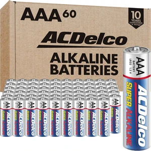 ACDelco 60-Count Triple AAA Batteries, Maximum Power Super Alkaline Battery for Home and Office, 10-Year Shelf Life, Reclosable Packaging ACDelco 60-Count Triple AAA Batteries, Maximum Power Super Alkaline Battery for Home and Office, 10-Year Shelf Life, Reclosable Packaging