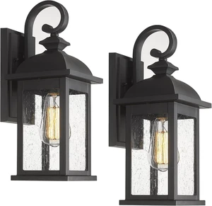 FEMILA Exterior Wall Sconce, 2 Packs Outdoor Waterproof Wall Lights Fixture, E26 Socket Wall Lantern for Porch, Anti-Rust Matte Black Finish with Seeded Glass Lampshade, 4FD54B-2PK BK