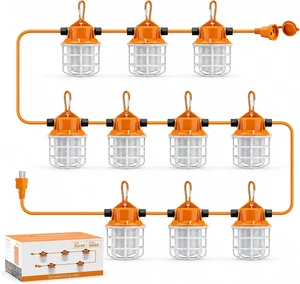 NS 100FT Construction String Lights 150W LED Industrial Grade 15000LM 5000K IP65 Linkable for Construction Sites, Temporary Work, Renovation, Jobsite,All Outdoor Lighting, with 10 Bulbs and Hook