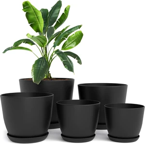 Plant Pots Indoor with Drainage, 5 Pack Multi-Size Planters Set, Black Plant Pots Indoor with Drainage, 5 Pack Multi-Size Planters Set, Black