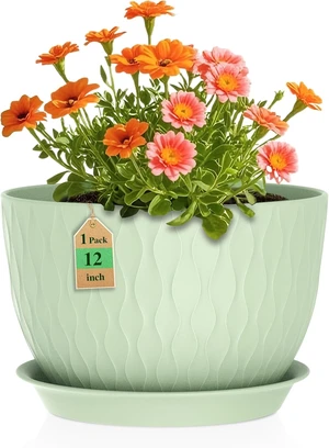 WSMKSZ 12 Inch Large Plant Pots for Indoor or Outdoor Plants, Wide Water Ripples Flower Pots with Drainage Holes & Saucer, Plastic Planters Set for Garden & Home Decor (Green) WSMKSZ 12 Inch Large Plant Pots for Indoor or Outdoor Plants, Wide Water Ripples Flower Pots with Drainage Holes & Saucer, Plastic Planters Set for Garden & Home Decor (Green)