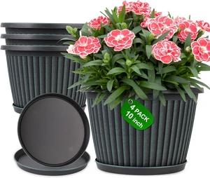 Planter-Pots-for-Plants-Indoor-Outdoor, 4 Pack 10 Inch Plastic Flower Pots with Saucer & Drainage Holes, Modern Garden Planters for Planting Medium Large PlantsDecorative Resin Garden Pots Planter-Pots-for-Plants-Indoor-Outdoor, 4 Pack 10 Inch Plastic Flower Pots with Saucer & Drainage Holes, Modern Garden Planters for Planting Medium Large PlantsDecorative Resin Garden Pots