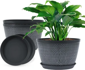 Flower Pots for Outdoor,Plastic Plant Pots with Drainage Hole & Tray Flower Pots for Outdoor,Plastic Plant Pots with Drainage Hole & Tray