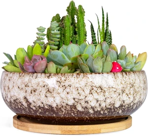 ARTKETTY Bonsai Pots, 7.5 Inch Large Plant Pots with Bamboo Tray