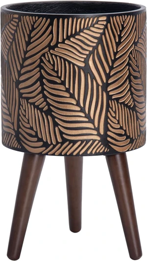 D'vine Dev 10 Inch Planter Pot with Wood Stand, Bronze/Grey, 88-L-B-6