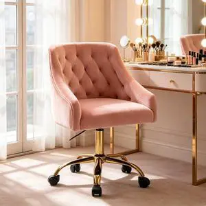MOJAY Velvet Home Office Desk Chair, Vanity Chair with Wheels Pretty Fancy Gold 360°Swivel Height Adjustable Office Chairs for Girls Home Offices, Bedrooms, Living Room (Pink) MOJAY Velvet Home Office Desk Chair, Vanity Chair with Wheels Pretty Fancy Gold 360°Swivel Height Adjustable Office Chairs for Girls Home Offices, Bedrooms, Living Room (Pink)