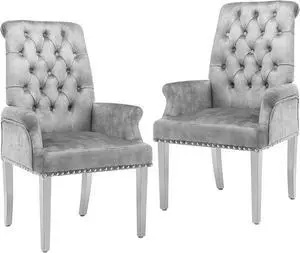 LOULENS Velvet Dining Chairs Set of 2, Dining Chairs with Arms, Grey | Upholstered, High Back, Tufted, Luxurious, Stainless Steel Leg, for Kitchen & Dining Room LOULENS Velvet Dining Chairs Set of 2, Dining Chairs with Arms, Grey | Upholstered, High Back, Tufted, Luxurious, Stainless Steel Leg, for Kitchen & Dining Room