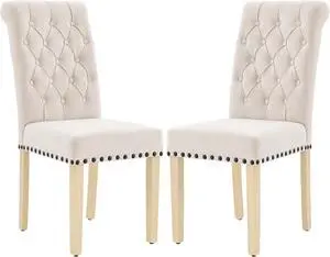 LOULENS Fabric Dining Chairs Set of 2, Upholstered Kitchen Chairs, Beige | Linen, Solid Wood Legs, Parson Chairs, Nailheads Trim, Tufted, Kitchen & Dining Room LOULENS Fabric Dining Chairs Set of 2, Upholstered Kitchen Chairs, Beige | Linen, Solid Wood Legs, Parson Chairs, Nailheads Trim, Tufted, Kitchen & Dining Room