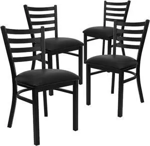 Flash Furniture 4 Pk. HERCULES Series Black Ladder Back Metal Restaurant Chair - Black Vinyl Seat | Vinyl Upholstery, Durable Construction, Commercial Use Flash Furniture 4 Pk. HERCULES Series Black Ladder Back Metal Restaurant Chair - Black Vinyl Seat | Vinyl Upholstery, Durable Construction, Commercial Use
