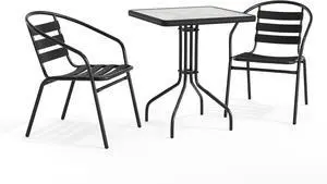 Flash Furniture Lila 23.5'' Square Glass Metal Table with 2 Black Metal Aluminum Slat Stack Chairs | Durable Construction, Commercial Use Flash Furniture Lila 23.5'' Square Glass Metal Table with 2 Black Metal Aluminum Slat Stack Chairs | Durable Construction, Commercial Use