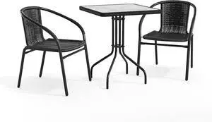 Flash Furniture Lila 23.5'' Square Glass Metal Table with 2 Black Rattan Stack Chairs | Durable Construction, Commercial Use Flash Furniture Lila 23.5'' Square Glass Metal Table with 2 Black Rattan Stack Chairs | Durable Construction, Commercial Use