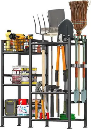 Garden Tool Organizer with Basket, 3-Tier Yard Storage Rack for Garage Garden Tool Organizer with Basket, 3-Tier Yard Storage Rack for Garage