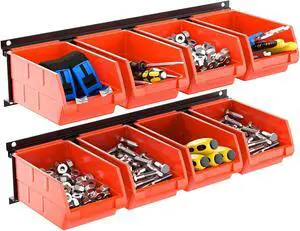 TORACK Wall-Mounted Storage Bins, 8 Plastic Bins & 2 Tracks, Orange TORACK Wall-Mounted Storage Bins, 8 Plastic Bins & 2 Tracks, Orange