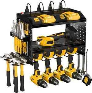 Power Tool Organizer with Charging Station, Heavy Duty Modular Wall Mount Rack for Garage & Shed Organization, 4 Drill Holders, Fathers Day Anniversary Birthday Gifts for Men Dad Him Husband(Black) Power Tool Organizer with Charging Station, Heavy Duty Modular Wall Mount Rack for Garage & Shed Organization, 4 Drill Holders, Fathers Day Anniversary Birthday Gifts for Men Dad Him Husband(Black)