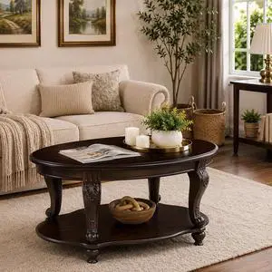 LKTART 42" Vintage Oval Coffee Table with Real Wood Veneer Top & Shelf, Antique Carved Legs with Solid Wood Feet, Elegant Center Table for Living Room, Espresso LKTART 42" Vintage Oval Coffee Table with Real Wood Veneer Top & Shelf, Antique Carved Legs with Solid Wood Feet, Elegant Center Table for Living Room, Espresso