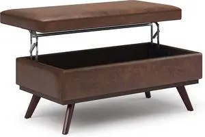 SIMPLIHOME Owen 42" Wide Vegan Leather Lift Top Ottoman in Chestnut Brown SIMPLIHOME Owen 42" Wide Vegan Leather Lift Top Ottoman in Chestnut Brown