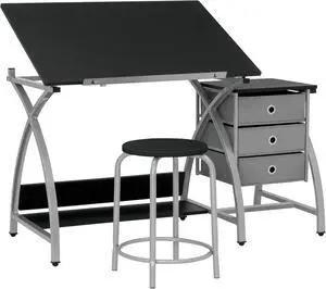 SD Studio Designs 2 Piece Comet Center Plus, Craft Table and Matching Stool Set with Storage and Adjustable Top, Silver/Black SD Studio Designs 2 Piece Comet Center Plus, Craft Table and Matching Stool Set with Storage and Adjustable Top, Silver/Black