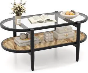 LDAILE Oval Coffee Table, Glass Top with Rattan Storage Shelf LDAILE Oval Coffee Table, Glass Top with Rattan Storage Shelf