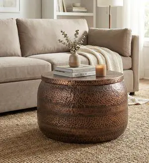 Albany Living Hammered Aluminum Drum Coffee Table with Storage, Copper Albany Living Hammered Aluminum Drum Coffee Table with Storage, Copper