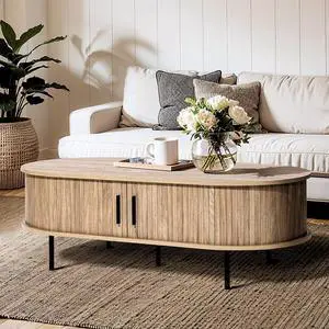 LuxenHome 47" Oval Coffee Table with Storage and Sliding Door LuxenHome 47" Oval Coffee Table with Storage and Sliding Door