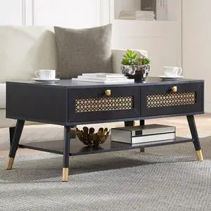 Mid Century Modern Black Coffee Table with Storage Drawers & Open Shelf, Solid Wooden Boho Rectangle Table with Metal Legs Designed for Living Room, Office, Lounge. Black Color with Golden Decor Mid Century Modern Black Coffee Table with Storage Drawers & Open Shelf, Solid Wooden Boho Rectangle Table with Metal Legs Designed for Living Room, Office, Lounge. Black Color with Golden Decor