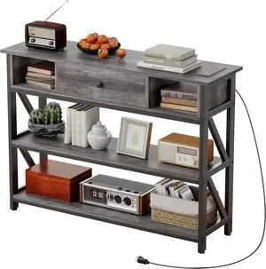 Mexin 39 Inch Console Table with 2 Outlet and 2 USB Ports, Entryway Table with Drawer and Storage Shelves, Narrow Sofa Table for Living Room and Hallway, Grey Oak Mexin 39 Inch Console Table with 2 Outlet and 2 USB Ports, Entryway Table with Drawer and Storage Shelves, Narrow Sofa Table for Living Room and Hallway, Grey Oak