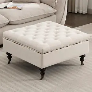 Large Square Storage Ottoman Uphlostered Tufted Button Coffee Table, Beige Large Square Storage Ottoman Uphlostered Tufted Button Coffee Table, Beige
