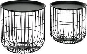 HOMCOM Nesting Coffee Tables Round Wire Basket Table Set of 2 Black HOMCOM Nesting Coffee Tables Round Wire Basket Table Set of 2 Black
