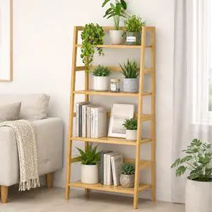 Bamboo Ladder Shelf, 4-Tier Wooden Ladder Bookshelf & Bookcase Organizer Bamboo Ladder Shelf, 4-Tier Wooden Ladder Bookshelf & Bookcase Organizer