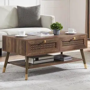 Mid Century Modern Coffee Table with Storage Drawers & Open Shelf, Solid Wooden Boho Rectangle Table with Metal Legs Designed for Living Room, Office, Lounge. Rustic Oak Color with Golden Decor Mid Century Modern Coffee Table with Storage Drawers & Open Shelf, Solid Wooden Boho Rectangle Table with Metal Legs Designed for Living Room, Office, Lounge. Rustic Oak Color with Golden Decor