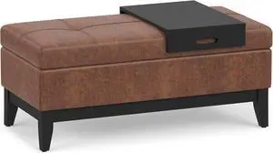 SIMPLIHOME Oregon 42" Wide Vegan Leather Storage Ottoman in Saddle Brown SIMPLIHOME Oregon 42" Wide Vegan Leather Storage Ottoman in Saddle Brown