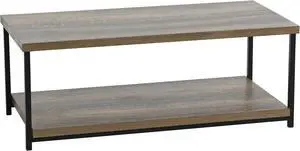 Household Essentials Rectangular Coffee Table with Storage Shelf in Rustic Wood Grain and Black Metal Frame, Ashwood Household Essentials Rectangular Coffee Table with Storage Shelf in Rustic Wood Grain and Black Metal Frame, Ashwood