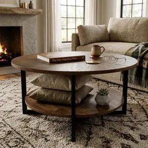 Round Coffee Table with Storage Shelf, Farmhouse Living Room Cocktail Black Metal Legs, Circular Solid Wood Center Tea Table, Sofa 35.3-''Dx17.8-''H, Natural Brown KFZ1338NC Round Coffee Table with Storage Shelf, Farmhouse Living Room Cocktail Black Metal Legs, Circular Solid Wood Center Tea Table, Sofa 35.3-''Dx17.8-''H, Natural Brown KFZ1338NC
