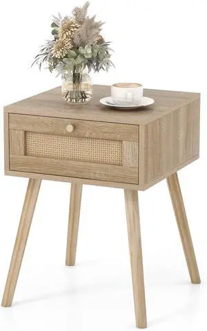 Giantex Boho Rattan Nightstand, Mid Century Wood Night Stands with Rattan Weaving Drawer, Bedside Table with Solid Wood Legs, End Side Table for Bedroom Storage, Natural Giantex Boho Rattan Nightstand, Mid Century Wood Night Stands with Rattan Weaving Drawer, Bedside Table with Solid Wood Legs, End Side Table for Bedroom Storage, Natural