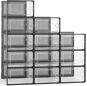 Kuject 12 Pack Large Shoe Boxes, Clear Stackable Containers with Lids,Black Kuject 12 Pack Large Shoe Boxes, Clear Stackable Containers with Lids,Black